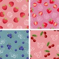 Berry seamless pattern set. Vector illustration of ripe berries and white outline in flat style.  Vector cherry, strawberry, blueb Royalty Free Stock Photo