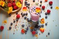 berry smoothie glass surrounded by scattered berries Royalty Free Stock Photo