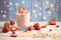 berry smoothie glass surrounded by scattered strawberries Royalty Free Stock Photo