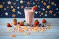 berry smoothie glass surrounded by scattered strawberries Royalty Free Stock Photo