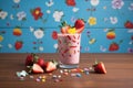 berry smoothie glass surrounded by scattered strawberries Royalty Free Stock Photo