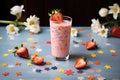 berry smoothie glass surrounded by scattered strawberries Royalty Free Stock Photo