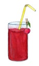 Very berry juicy drink. Bright red cherry juice in a high glass tumbler with a straw.