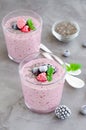 Berry smoothies of yogurt, chia seeds and frozen berries in a glass on a dark concrete background. Healthy food. Copy space Royalty Free Stock Photo