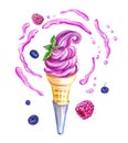 Berry soft ice cream in a waffle cone with berries and syrup spray, watercolor drawing