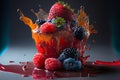 berry splashing juice. Fresh juicy berries concept. Juice splash. Flying berry. Generative AI