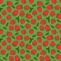 Berry Strawberry on green striped Seamless pattern texture. Red colors Vector handdrawn illustration Surface summer