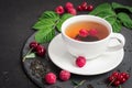 Berry tea and ripe raspberry, cherry, currant on a black background Royalty Free Stock Photo