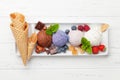 Berry, vanilla and chocolate ice cream sundae Royalty Free Stock Photo