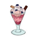 Berry, wafer and chocolate parfait or ice cream. Vector ink sketch. Royalty Free Stock Photo