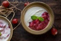 Berry yogurt dessert with gooseberry compote on wooden background Royalty Free Stock Photo