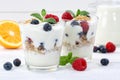 Berry yogurt yoghurt with berries fruits cup muesli wooden board Royalty Free Stock Photo