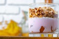 Berry youghurt with granola and fruits in a glass