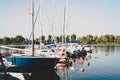 Berth with sailboats and ships on river in front of trees in yachts club Royalty Free Stock Photo