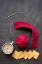 Bertical image of knitting, coffee and crackers Royalty Free Stock Photo