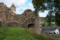 Bertradaburg or Burg Muerlenbach, a ruined hill castle at Murlenbach, Rhineland-Palatinate, Germany, exterior street partial view