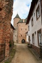 Bertradaburg or Burg Muerlenbach, a ruined hill castle at Murlenbach, Rhineland-Palatinate, Germany, exterior street partial view