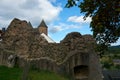 Bertradaburg or Burg Muerlenbach, a ruined hill castle at Murlenbach, Rhineland-Palatinate, Germany, exterior street partial view