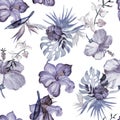 Beryl Hibiscus Garden. Azure Flower Leaf. Indigo Seamless Painting. Watercolor Illustration. Pattern Garden. Blue Tropical Garden.