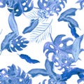 Beryl Seamless Textile. Indigo Pattern Set. Cobalt Watercolor Garden. Navy Tropical Set. Azure Floral Set.