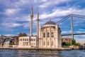 Besiktas Ortakoy Mosque (Buyuk Mecidiye Camii) and Bosphorus Bridge. Famous city landmarks Royalty Free Stock Photo