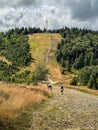 Beskid Slaski mountain range in Poland. Entrance from the tourist shelter to the top of Mount Klimczok