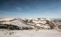 Winter Beskid Slaski mountains from Zielony kopic to Skrzyczne hill in Poland