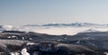 Beskid Zywiecki with Babia Gora and Pilsko hills from Lysa hora hill in winter Moravskoslezske Beskydy mountains in Czech republic