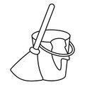 Besom with stick and pail with handle and rag. Silhouette broom, bucket and glove simple line vector style. Concept