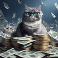 a bespectacled cat along with a pile of money