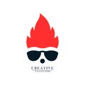 bespectacled head with fire hair icon logo