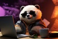 Bespectacled pandas charm shines near an open laptop on a desk