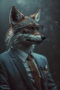 bespectacled wolf wearing a suit on a dark background