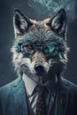 bespectacled wolf wearing a suit on a dark background