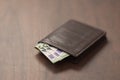 Bespoke brown all leather wallet on walnut table with euro cash