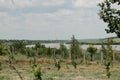 Bessarabian Nature at Ethno museum `Bessarabian snails`. Ukrainian village heritage. Yellow field, blue sky and river landscape Royalty Free Stock Photo