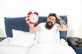 Best alarm clocks for people who hate mornings. Man bearded hipster hate wake up early. Destructive energy. Hardest