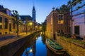 Amersfoort city historic architecture on old street and bridge at night Royalty Free Stock Photo