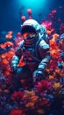 Astranaut in flowers at night. Surrealistic illustration Royalty Free Stock Photo