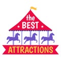 Best attractions circus amusement, concept horse round carousel, icon entertainment carnival flat vector illustration