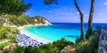 Beautiful Lemonakia beach,view with turquoise sea,trees and cliffs,Samos island,Greece. Royalty Free Stock Photo