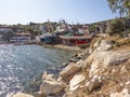 Best beaches of Pelion peninsula. Bright colored umbrellas. Pagasetic gulf. Greece.