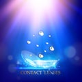 Best blue contact lenses for your eyes. Awesome medical illustration of rain drop over blue science background and text