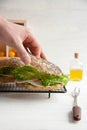 Bagel with chicken roll, green salad and cream cheese Royalty Free Stock Photo