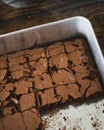 Best brownies dessert in a cake pan. High angle view of freshly baked brownies. Delicious chocolate cake Royalty Free Stock Photo