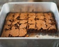 Best brownies dessert in a cake pan. High angle view of freshly baked brownies. Delicious chocolate cake Royalty Free Stock Photo