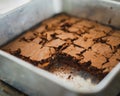 Best brownies dessert in a cake pan. High angle view of freshly baked brownies. Delicious chocolate cake Royalty Free Stock Photo