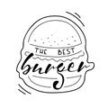 The best burger lettering on white background. Vector hand drawing text on painted burger. Fast food. Hand drawn lettering quote o