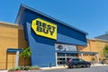 Best Buy store entrance, facade and exterior with customer car parked in front Royalty Free Stock Photo