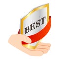 Best choice icon isometric vector. Best quality sign shield in human hand icon